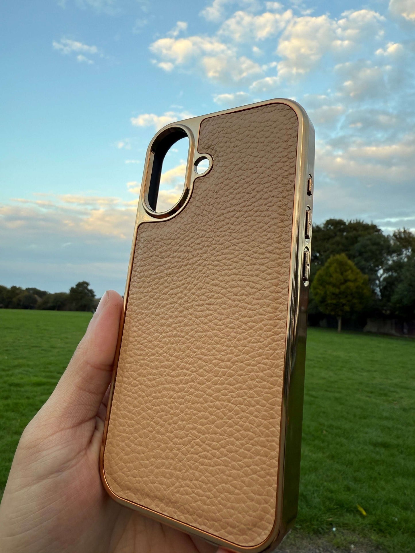 Premium Protection Kit iPhone 17 showcasing a handcrafted leather back case in a scenic outdoor setting.